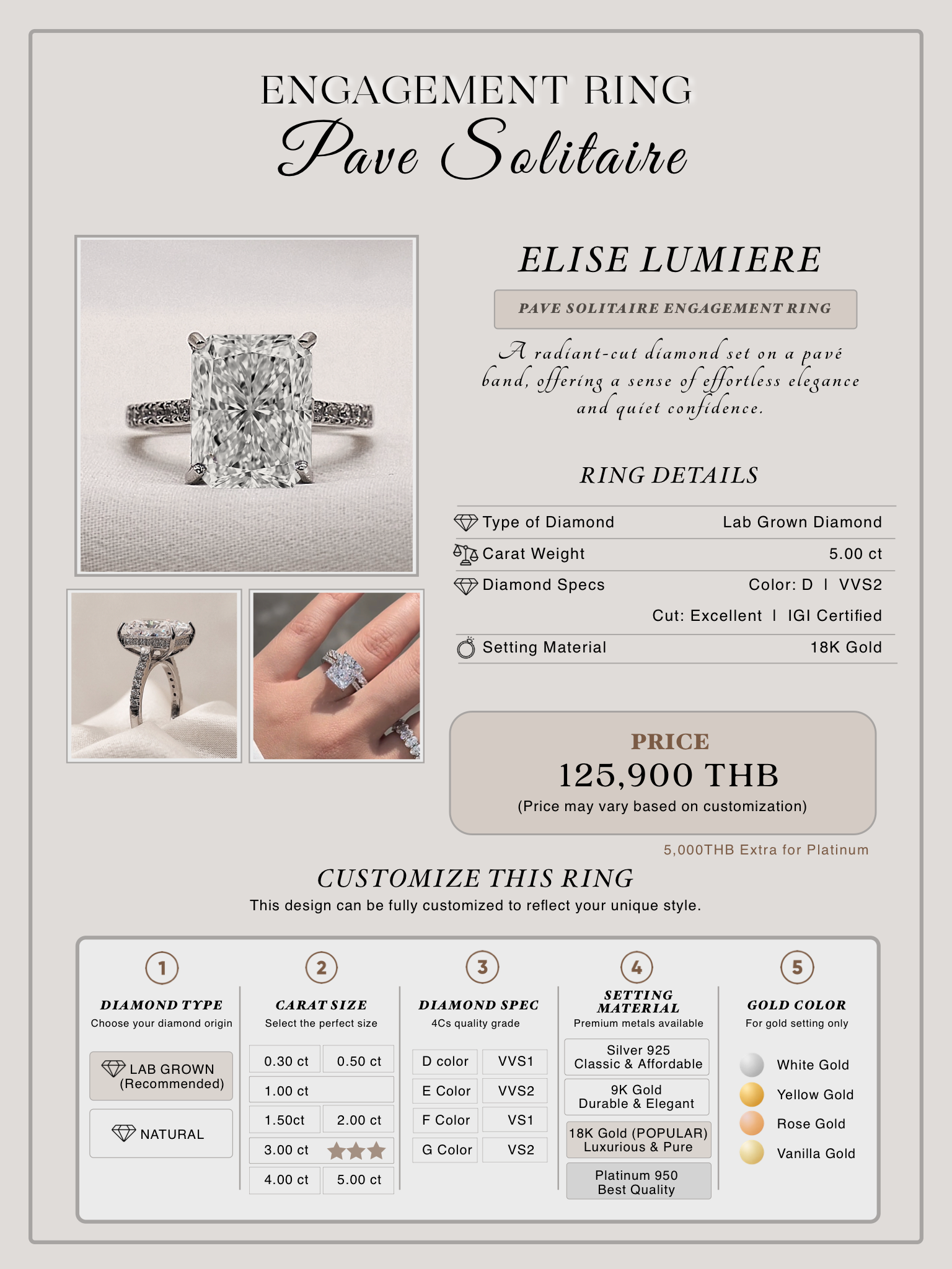 ELISE LUMIERE details — 18K Gold · 5ct · D